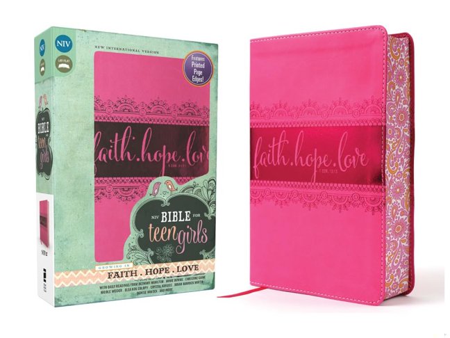NIV, Bible for Teen Girls, Leathersoft, Pink, Printed Page Edges: Growing in Faith, Hope, and Love – The Perfect Christian Faith Gift for Your Teenage Girl, Age 13-18 book cover