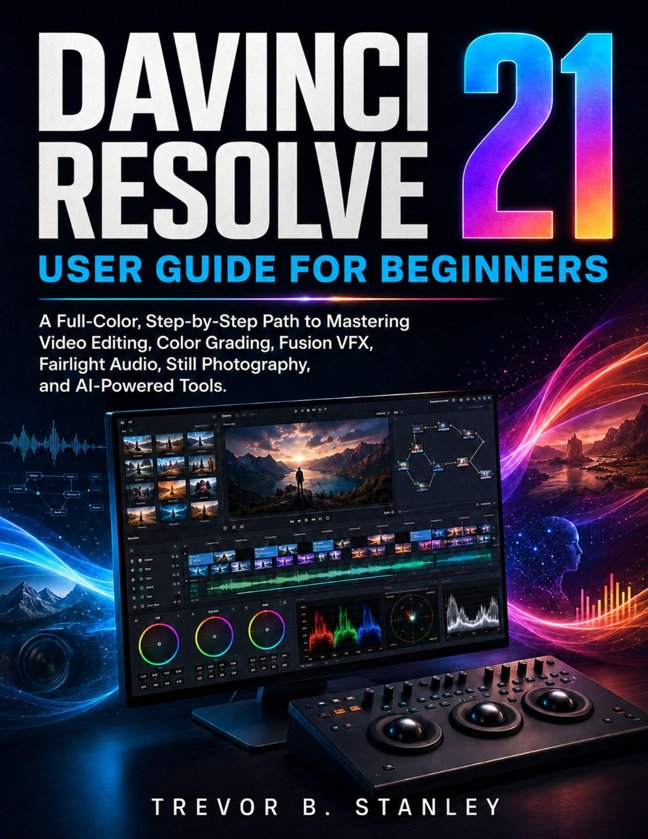 DAVINCI RESOLVE 21 User Guide for Beginners: A Full-Color, Step-by-Step Path to Mastering Video Editing, Color Grading, Fusion VFX, Fairlight Audio, Still Photography, and AI-Powered Tools. book cover
