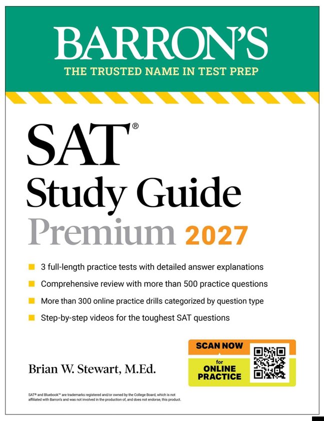 SAT Study Guide Premium, 2027: 3 Practice Tests + Comprehensive Review + Online Practice and Video Lessons (Barron's SAT Prep) book cover