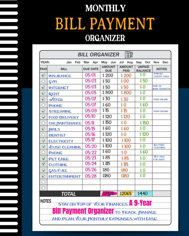 Bill Organizer: bill payment organizer. expense tracker . bill payment tracker. Monthly Organizer for 9 Years book cover