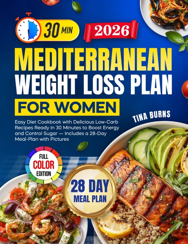 Mediterranean Weight Loss Plan for Women: Easy Diet Cookbook with Delicious Low-Carb Recipes Ready in 30 Minutes to Boost Energy and Control Sugar — Includes a 28-Day Meal-Plan with Pictures book cover