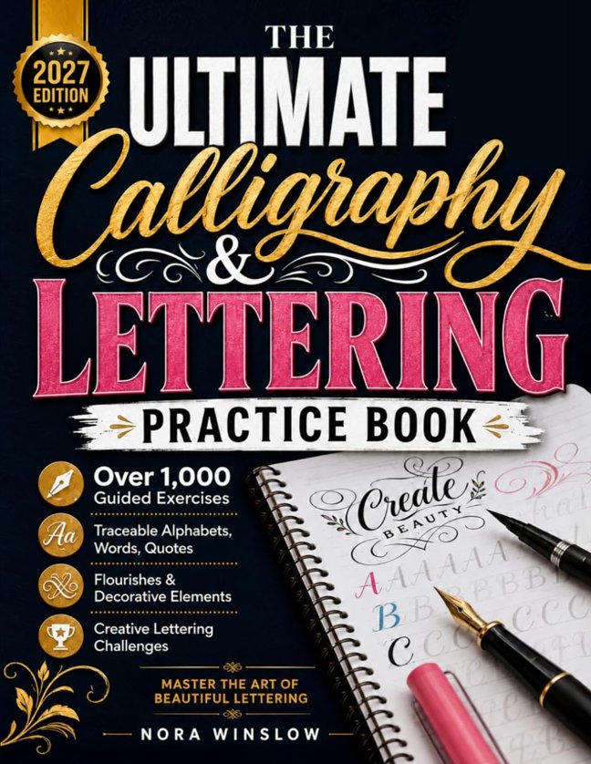 The Ultimate Calligraphy & Lettering Practice Book: Over 1,000 Guided Exercises, Traceable Alphabets, Words, Quotes, Flourishes, and Creative Lettering Challenges book cover