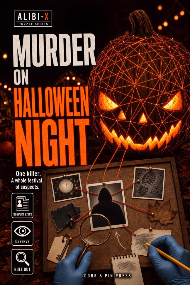 ALIBI-X – Murder on Halloween Night: The Captivating Murder Mystery Brain Teaser Book for Adults & Teens – Find Out Who's Innocent, Analyze 10 Connected Casefiles and Reveal the Killer book cover