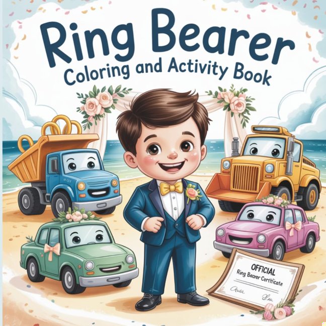 Ring Bearer Coloring and Activity Book with Fun Truck-Themed Pages and Wedding Scenes: Reduce stress and create a heartfelt gift for boys ages 2–8 book cover