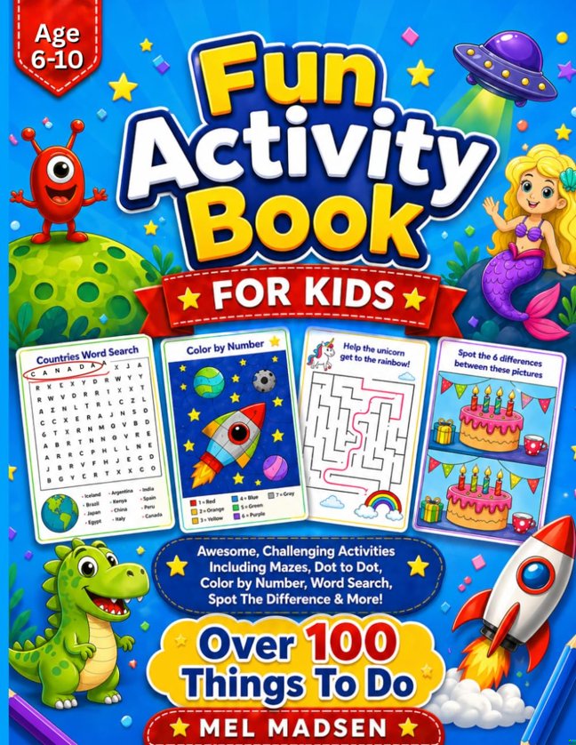 Fun Activity Book For Kids Age 6,7,8,9,10: Awesome, Challenging Activities. Including Mazes, Dot-to-Dot, Color by Number, Word Search, Spot The Difference & More! book cover