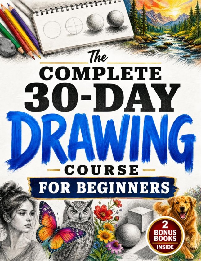 The Complete 30-Day Drawing Course for Beginners: Learn How to Draw with Easy, Step-by-Step Daily Lessons — Faces, Figures, Animals, 3D Objects, Shading & Landscapes, Even If You Think You Can't Draw book cover