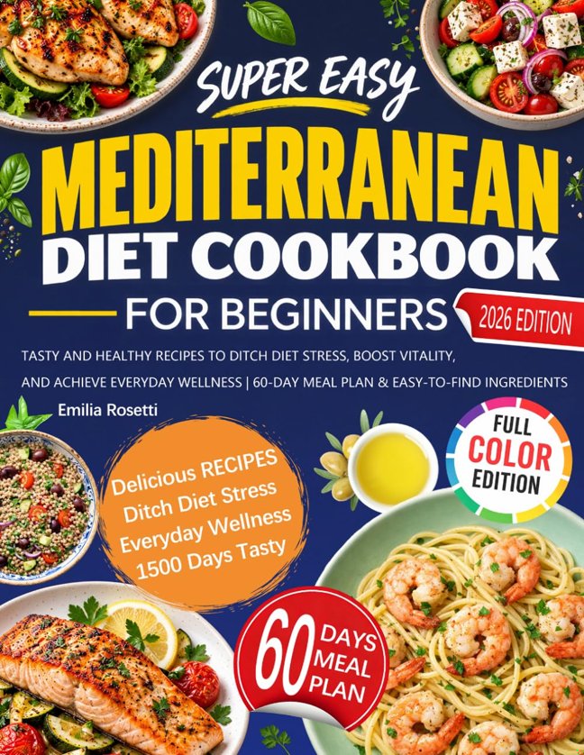 Super Easy Mediterranean Diet Cookbook for Beginners: Tasty and Healthy Recipes to Ditch Diet Stress, Boost Vitality, and Achieve Everyday Wellness | 60-Day Meal Plan & Easy-to-Find Ingredients book cover