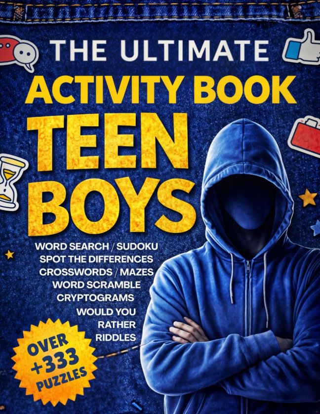 The Ultimate Activity Book For Teen Boys : Over +333 Puzzles: Word Search - Sudoku - Spot the Difference - Crosswords - Mazes - Word Scrambles - Cryptograms book cover