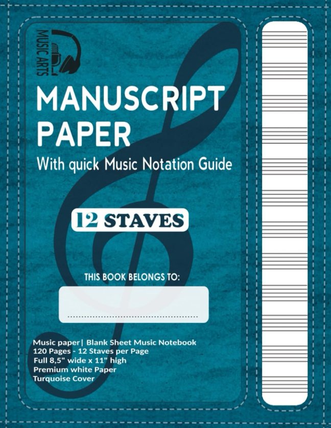 Manuscript Paper | Blank sheet Music Notebook | 120 Pages 12 Staves per Page | Full 8,5'' wide x 11'' high | Elegant vintage looking cover & paper: Turquoise Soft Cover book cover