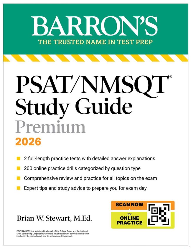 PSAT/NMSQT Study Guide Premium, 2026: 2 Practice Tests + Comprehensive Review+ 200 Online Drills (Barron's Test Prep) book cover
