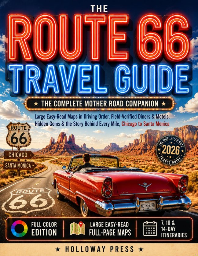 Route 66 Travel Guide: The Complete Mother Road Companion: Large Easy-Read Maps in Driving Order, Field-Verified Diners & Motels, Hidden Gems & the Story Behind Every Mile, Chicago to Santa Monica book cover