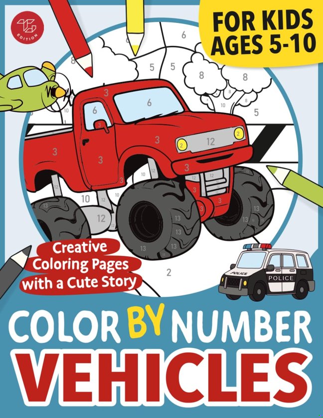 Color by Number Vehicles for Kids: Creative Coloring Pages with a Cute Story for Ages 5-10 (Color By Number for Kids) book cover