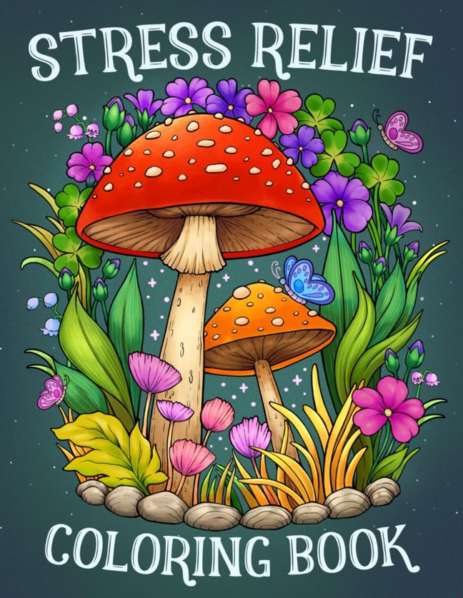 Stress Relief: Adult Coloring Book with Animals, Landscape, Flowers, Patterns, Mushroom And Many More For Relaxation book cover