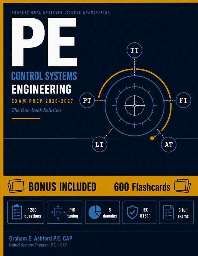 PE Control Systems Engineering Exam Prep: The One-Book Solution with 1,280 Questions, All 5 Domains, PID Tuning, P&ID Interpretation, Functional Safety, and 3 Full Practice Exams book cover