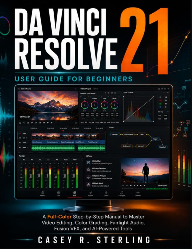 DaVinci Resolve 21 User Guide for Beginners: A full-color Step-by-Step Manual to Master Video Editing, Color Grading, Fairlight Audio, Fusion VFX, and AI-Powered Tools book cover