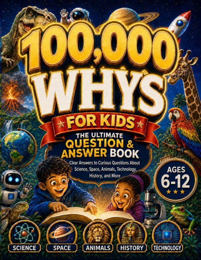 100,000 Whys for Kids – The Ultimate Question & Answer Book: Clear Answers to Curious Questions About Science, Space, Animals, Technology, History, and More (Ages 6–12) book cover