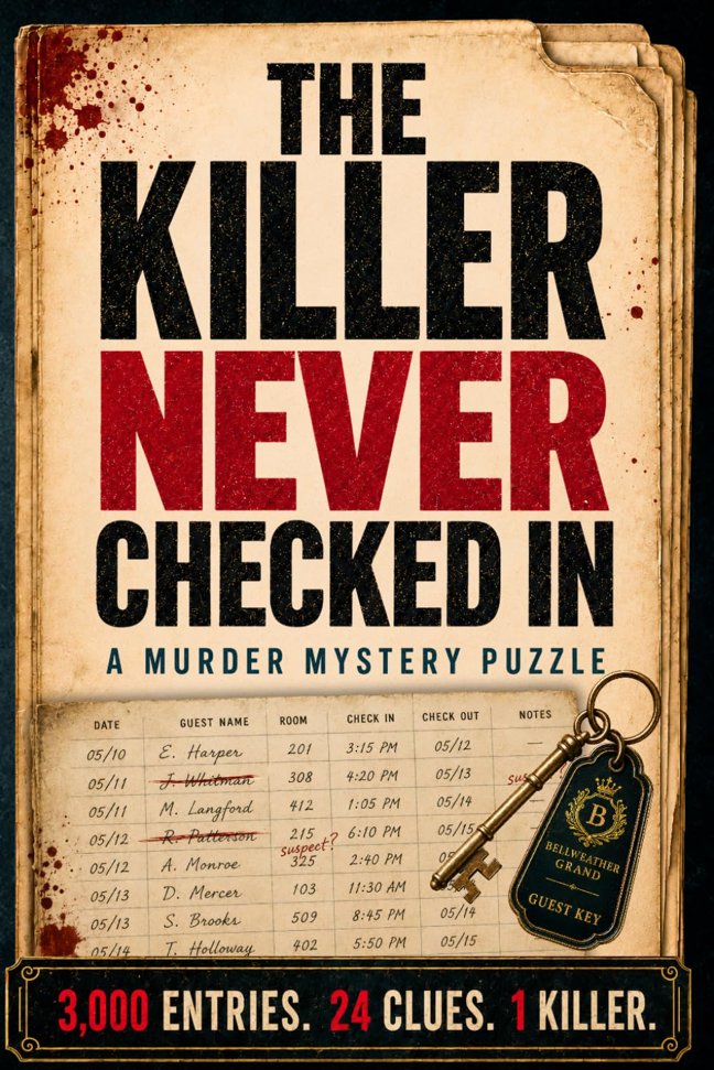 The Killer Never Checked In: Find the Killer Among 3000 Guest Records & 24 Clues -- Murder Mystery Crime Puzzle Book for Adults & Teens book cover