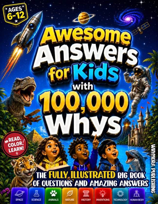 Awesome Answers for Kids with 100,000 Whys: The Fully Illustrated Big Book of Questions and Amazing Answers for Curious Kids About Space, Science, Animals, Nature, the Human Body, Tech & Inventions book cover