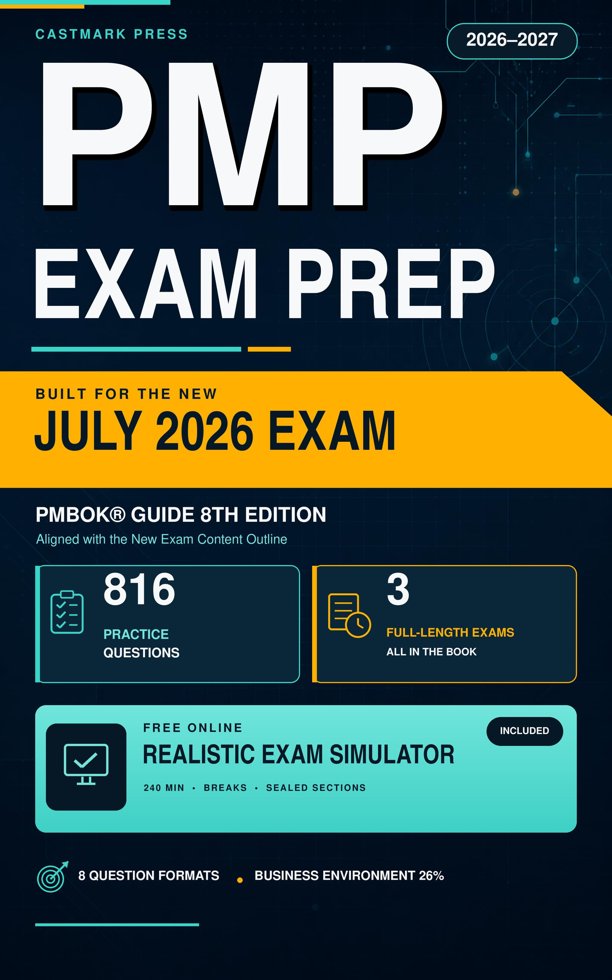 PMP Exam Prep 2026-2027: PMBOK 8th Edition Study Guide for the New July 2026 Exam Outline — 800+ Practice Questions, Full-Length Tests, AI & Sustainability ... (Castmark Project Management Exam Prep) book cover