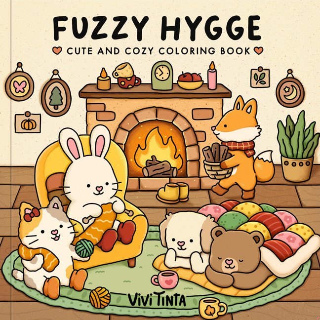 Fuzzy Hygge: Cute and Cozy Coloring Book for Adults & Teens Featuring Adorable Animals Characters for Stress Relief book cover