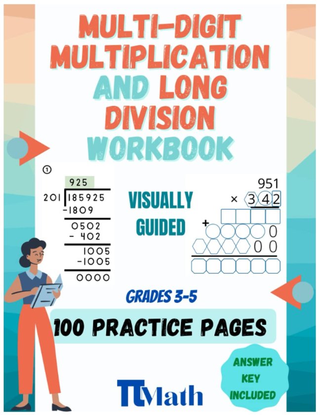 PI MATH 100 practice pages of multi-digit multiplication and Long Division Workbook Grades 3-5: Master multiplication and Long Division, Reproducible ... Guided Gridlines, Answer Key and Examples. book cover