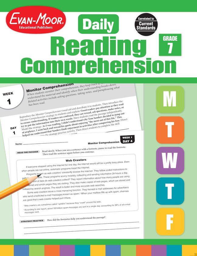 Evan-Moor Daily Reading Comprehension, Grade 7 - Homeschooling & Classroom Resource Workbook, Reproducible Worksheets, Teaching Edition, Fiction and Nonfiction, Lesson Plans, Test Prep book cover